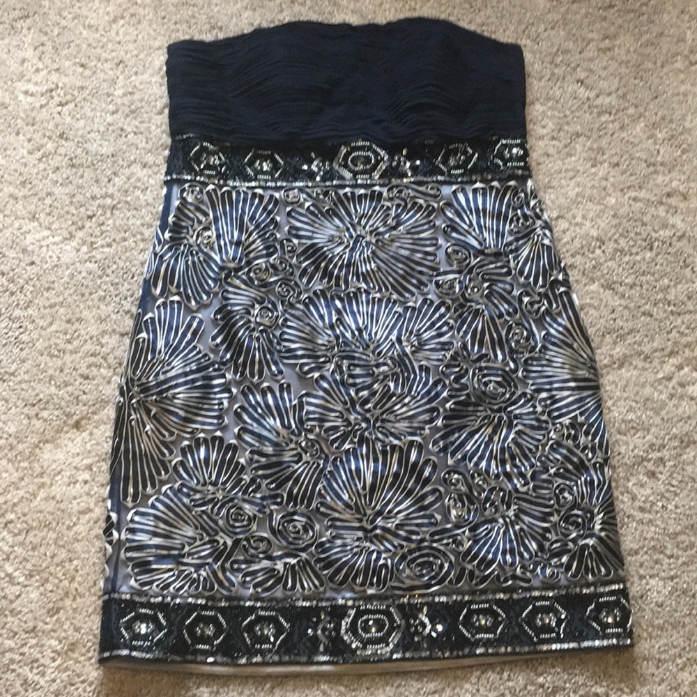 Navy Sue Wong strapless dress